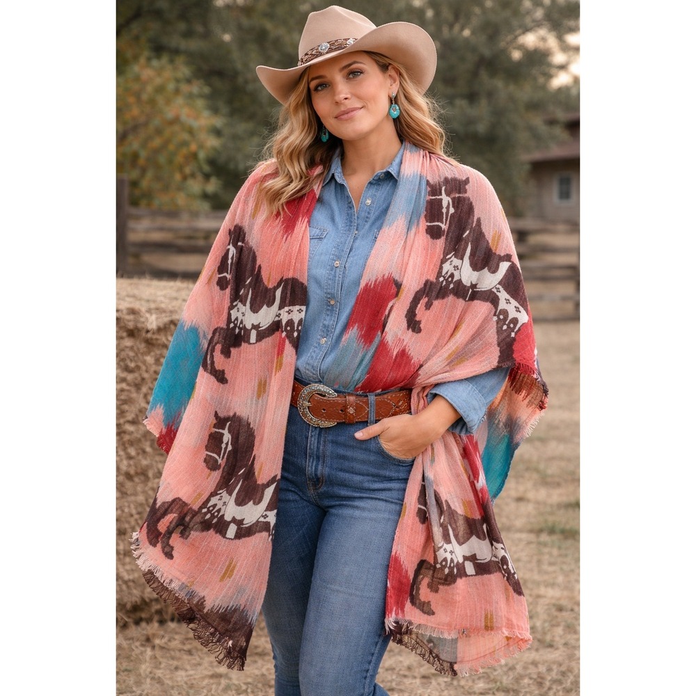 YARNZ Scarf Cashmere Silk Horse Print  Wrap Pink Turquoise Equestrian Ikat Large